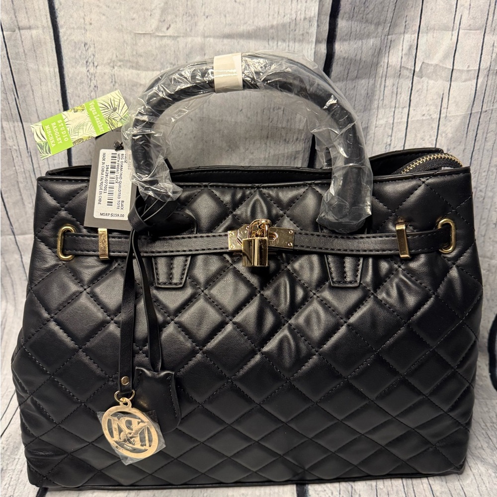 Badgley Mischka Black Quilted Satchel with Gold Accents
